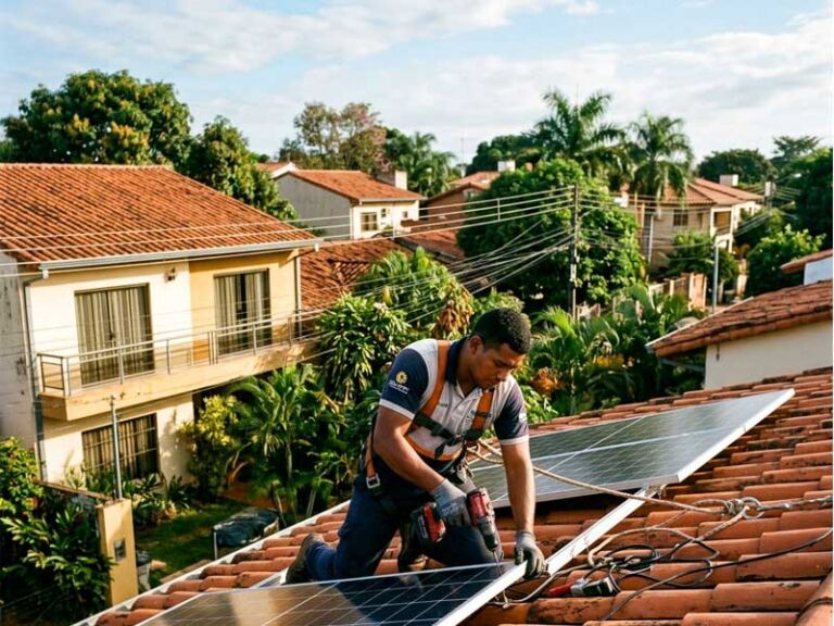 Instalador sobre techo, instalando paneles solares en zona Asunción, Paraguay